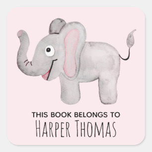 Girl's Cute This Book Belongs Safari Elephant Name Square Sticker