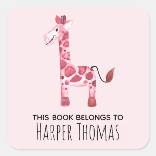 Girl's Cute This Book Belongs Safari Giraffe Name Square Sticker