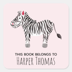 Girl's Cute This Book Belongs Safari Zebra Name Square Sticker