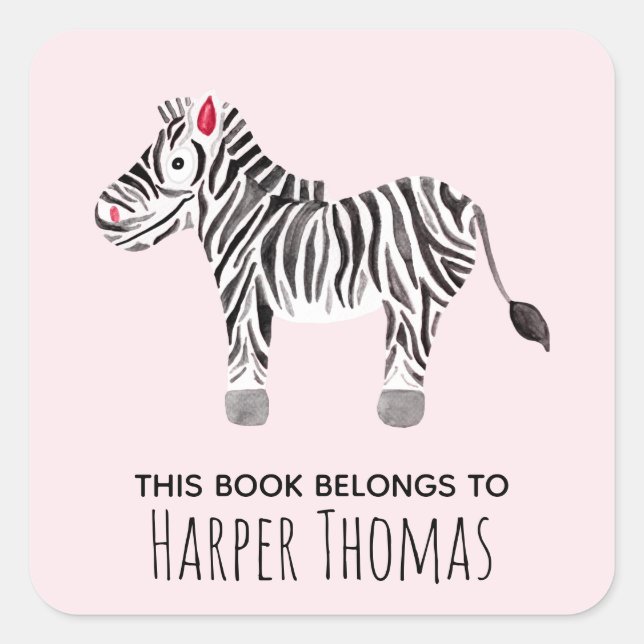 Girl's Cute This Book Belongs Safari Zebra Name Square Sticker (Front)