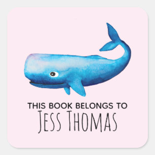 Girls Cute This Book Belongs Whale and Name Kids Square Sticker