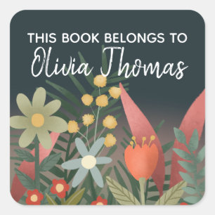 Girls Cute “This Book” Flowers Kids Bookplate Square Sticker