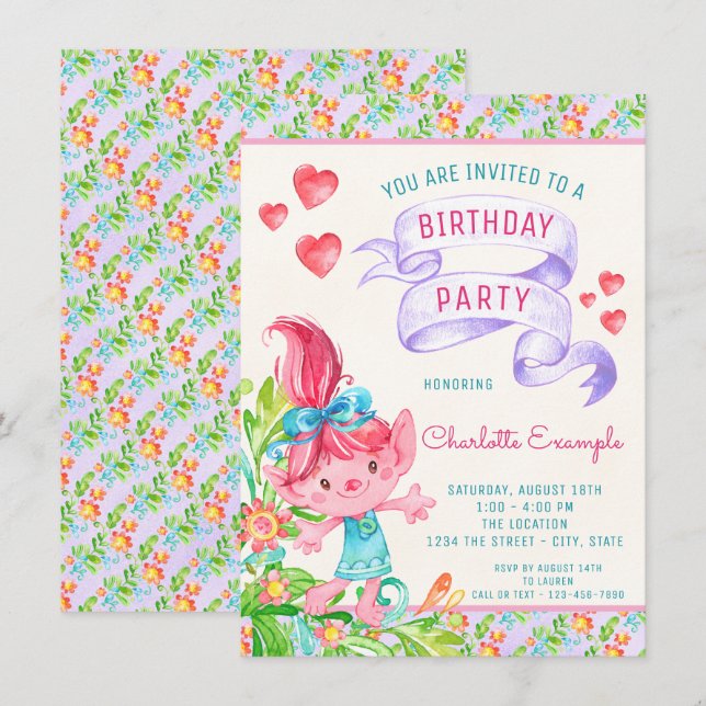 Girls Cute Troll Birthday Party Invitations (Front/Back)