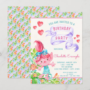 Girls Cute Troll Birthday Party Invitations