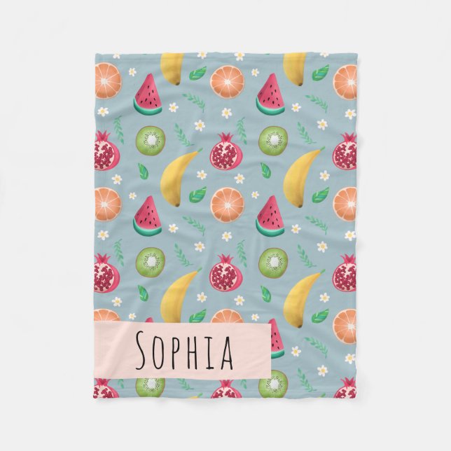 Girls Cute Tropical Fruit Summer Pattern Name Kids Fleece Blanket (Front)