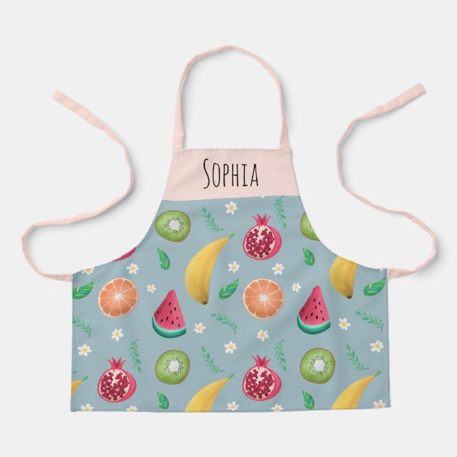 Girls Cute Tropical Summer Fruit Pattern Chef Kids Apron (Front)