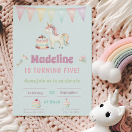 Girls Cute Turquoise Unicorn Fifth Birthday  Invitation