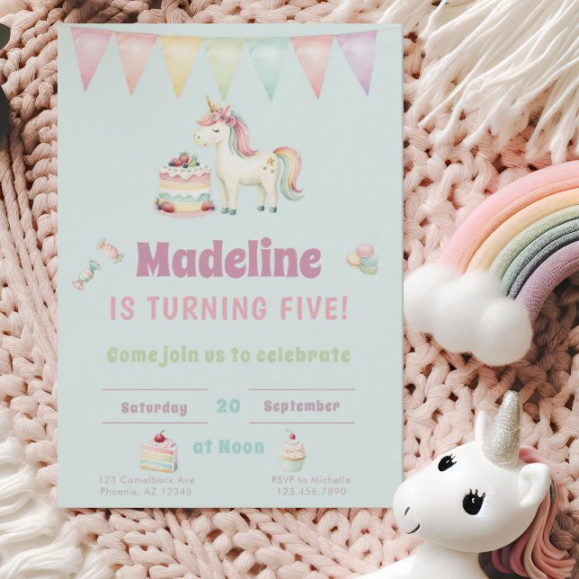 Girls Cute Turquoise Unicorn Fifth Birthday  Invitation (Creator Uploaded)