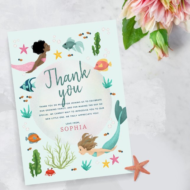 Girls Cute Under the Sea Mermaid Birthday Thank You Card (Creator Uploaded)