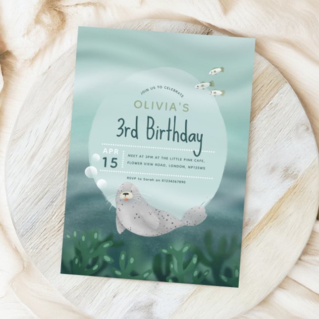 Girls Cute Under the Sea Ocean Seal 3rd Birthday Invitation (Creator Uploaded)