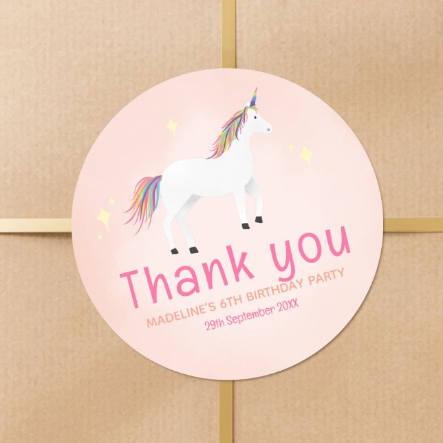 Girls Cute Unicorn Birthday Thank You Favor Classic Round Sticker (Creator Uploaded)