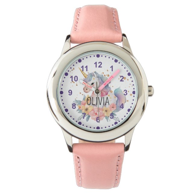 Girls Cute Unicorn Flowers Pink Custom Name Watch (Front)