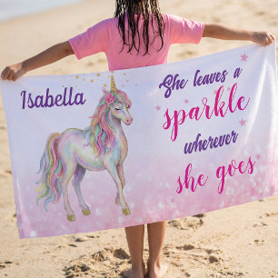 Girls Cute Unicorn Glitter Personalized Beach Towel