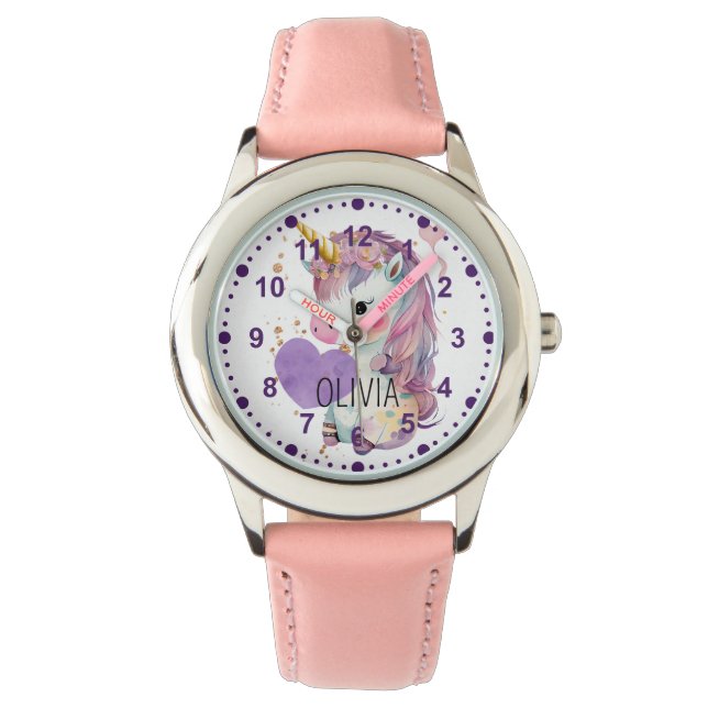 Girls Cute Unicorn Magical Purple Custom Name Watch (Front)