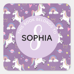 Girls Cute Unicorn Pattern and Name Kids Bookplate Square Sticker