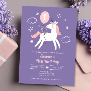 Girls Cute Unicorn Pink and Purple Birthday Invitation