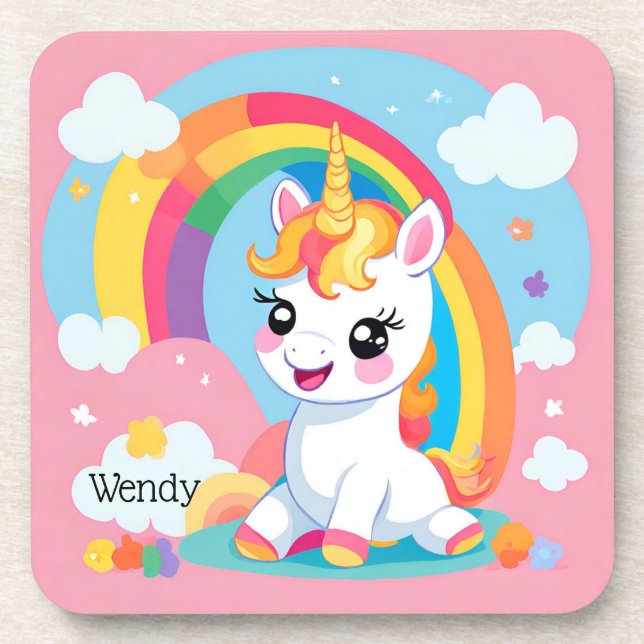 Girl's Cute Unicorn Rainbow Custom Name Coaster (Front)