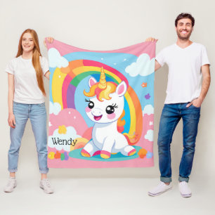 Girl's Cute Unicorn Rainbow Custom Name Fleece Blanket