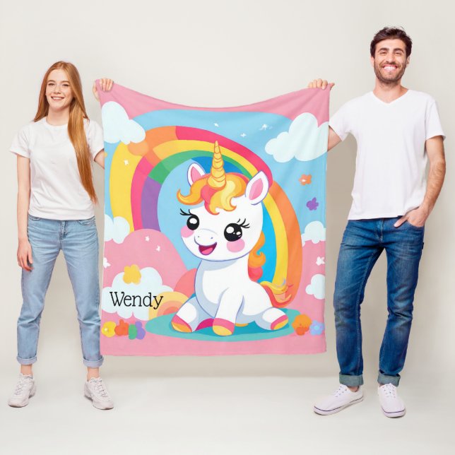 Girl's Cute Unicorn Rainbow Custom Name Fleece Blanket (In Situ)