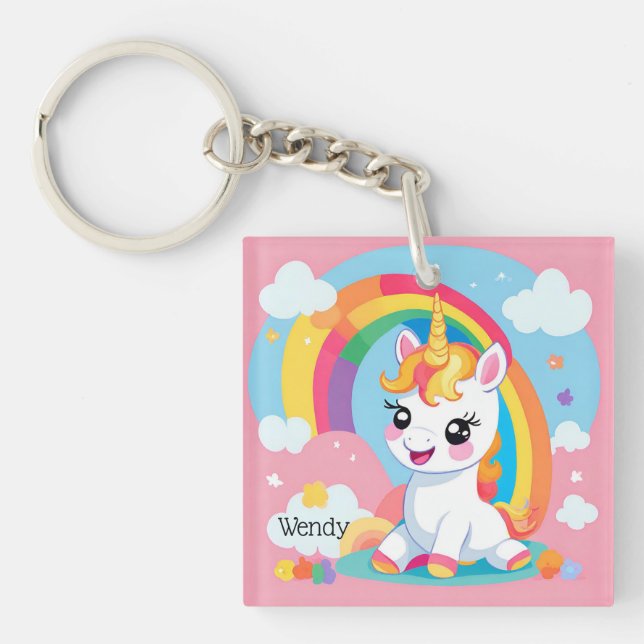 Girl's Cute Unicorn Rainbow Custom Name Key Ring (Front)