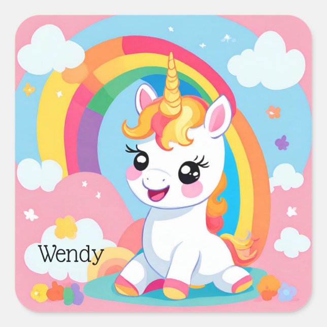 Girl's Cute Unicorn Rainbow Custom Name Square Sticker (Front)