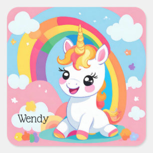 Girl's Cute Unicorn Rainbow Custom Name Square Sticker