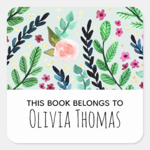 Girls Cute Watercolor Flowers Kids Bookplate Square Sticker