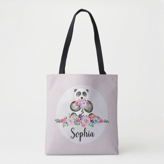 Girls Cute Watercolor Flowers Panda Bear Kids Tote Bag (Front)
