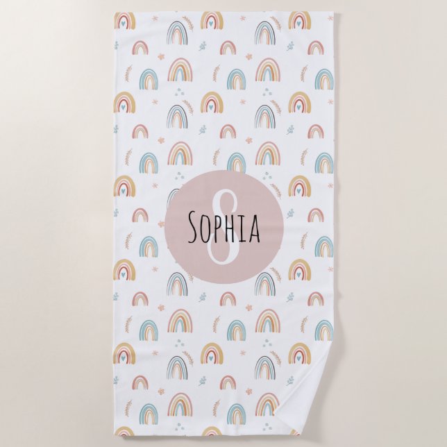 Girls Cute Watercolor Rainbow Pattern Kids Boho Beach Towel (Front)