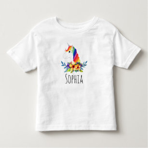 Girls Cute Watercolor Rainbow Unicorn and Name Toddler T-Shirt
