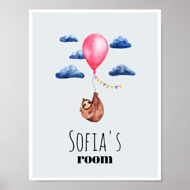 Girls Cute Watercolor Sloth Animal and Name Kids Poster (Front)
