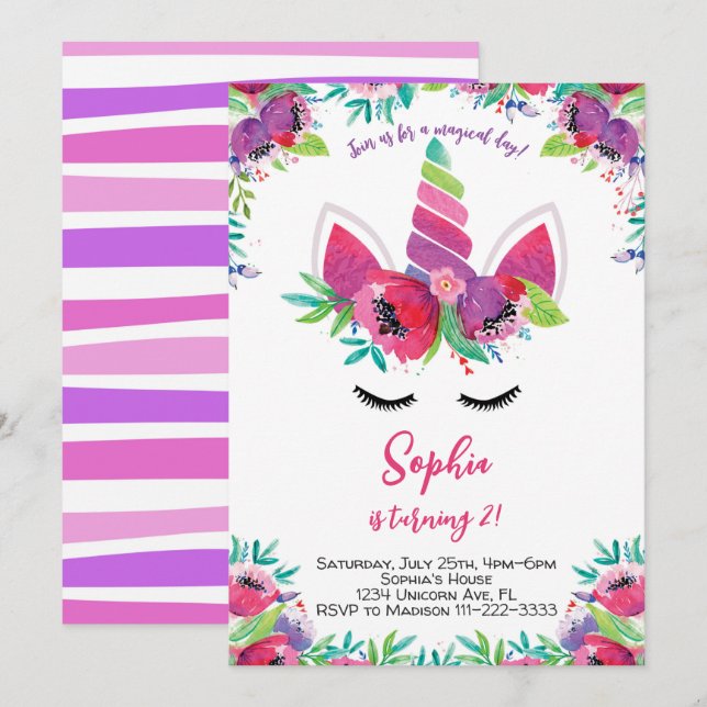 Girls Cute Watercolor Unicorn Birthday Invitation (Front/Back)