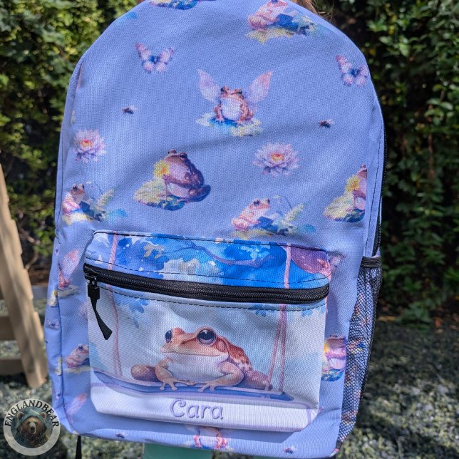 Girls Cute Watercolour Fairy Frog | Kids Nursery Printed Backpack (The "Whispering Fen" Collection | Whimsical Frogs back to school kids backpack Full Product Photo)