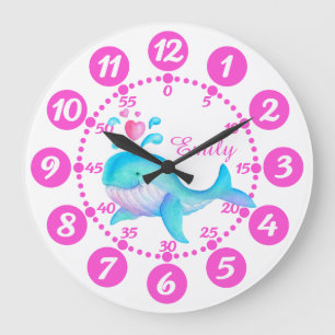 Girls cute whale spurting art pink white clock