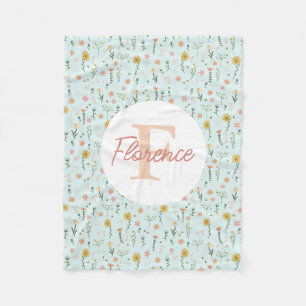 Girls Cute Whimsical Boho Wildflower Monogram Fleece Blanket