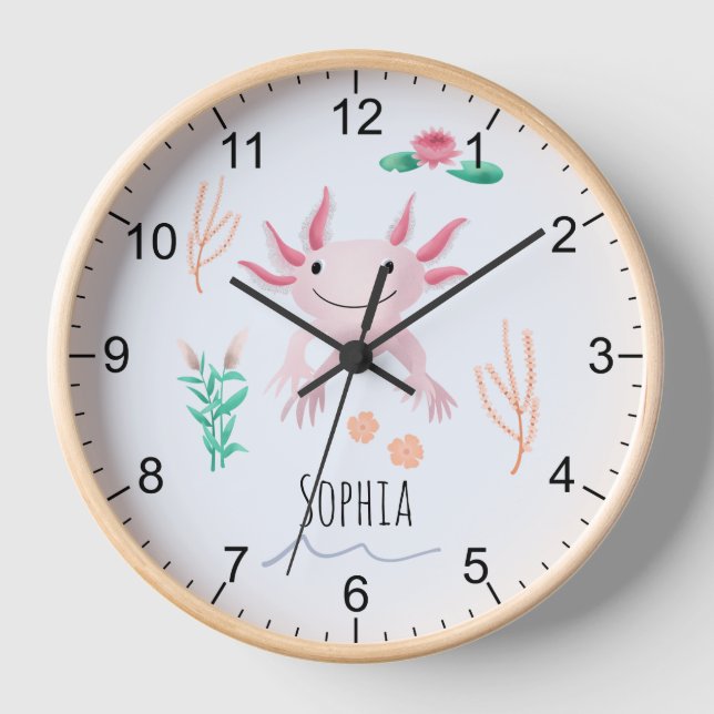 Girls Cute & Whimsical Pink Axolotl Kids Nursery Clock (Front)