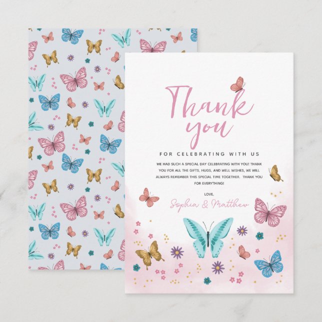 Girls Cute Whimsical Pink Butterfly m Baby Shower Thank You Card (Front/Back)