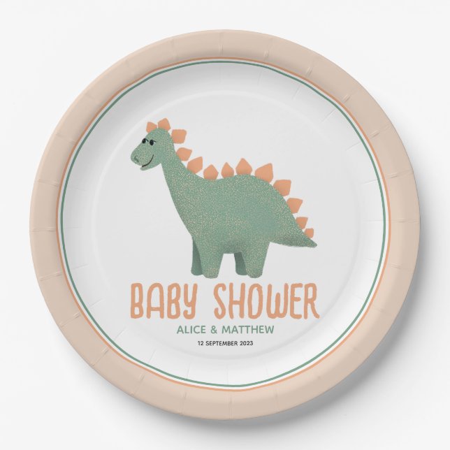 Girls Cute Whimsical Pink Dinosaur Baby Shower Paper Plate (Front)