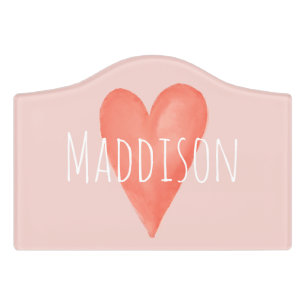 Girls Cute & Whimsical Pink Watercolor Heart Kids Door Sign