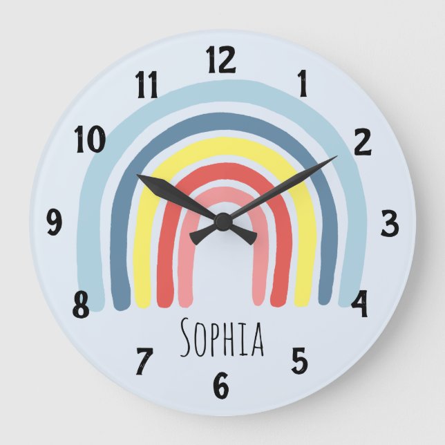 Girls Cute Whimsical Rainbow Cartoon and Name Kids Large Clock (Front)