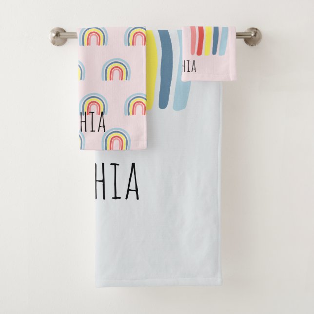 Girls Cute Whimsical Rainbow Cartoon Name Kids Bath Towel Set (Insitu)