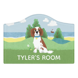 Girls Cute Whimsical Springer Spaniel Dog Kids Door Sign