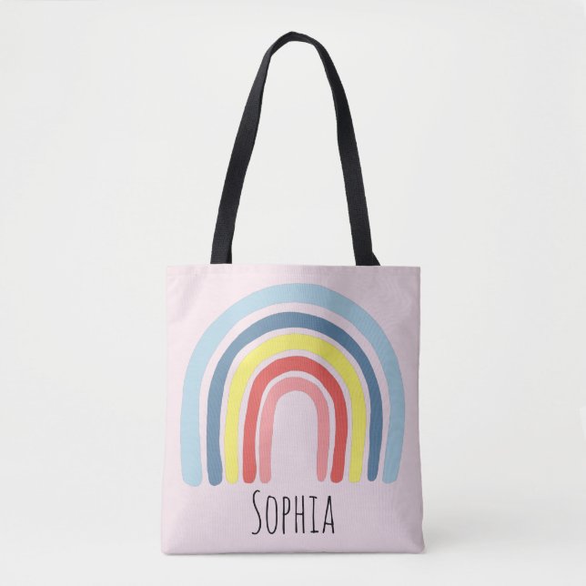 Girls Cute Whimsical Trendy Rainbow and Name Kids Tote Bag (Front)