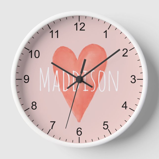 Girls Cute Whimsical Watercolor Pink Heart Kids Clock (Front)