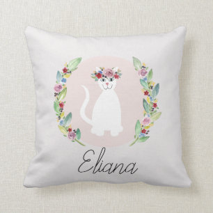 Girls Cute White Cat with Flowers and Name Cushion