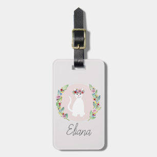 Girls Cute White Cat with Flowers and Name Kids Luggage Tag