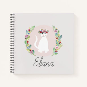 Girls Cute White Cat with Flowers and Name Notebook