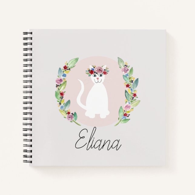 Girls Cute White Cat with Flowers and Name Notebook (Front)