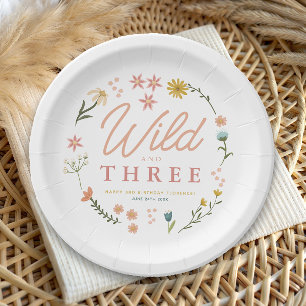 Girls Cute Wild and Three Wildflower 3rd Birthday Paper Plate