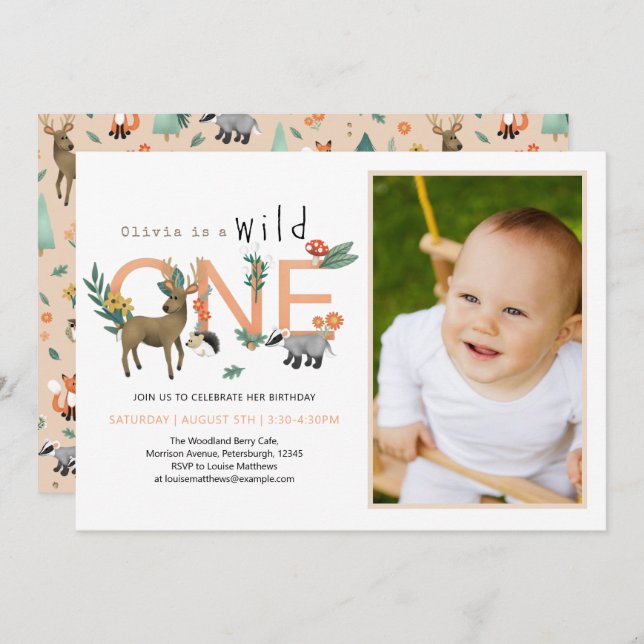 Girls Cute Wild One Woodland Animals 1st Birthday  Invitation (Front/Back)